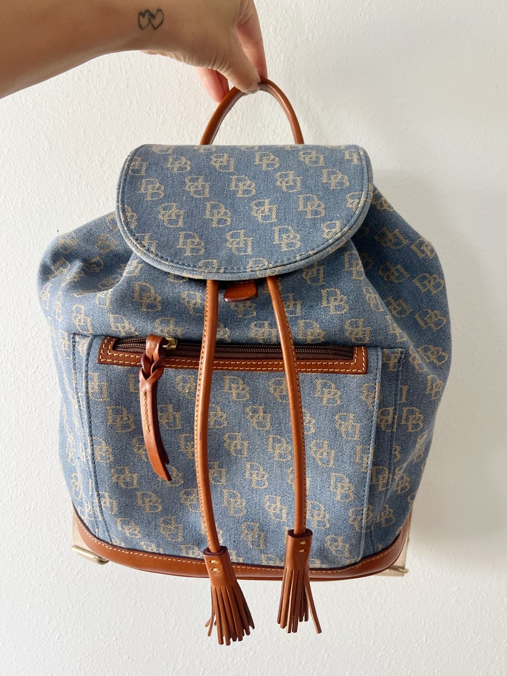 DOONEY & BOURKE | Vintage 90s Monogram Denim Bucket Backpack Leather Trim | OS